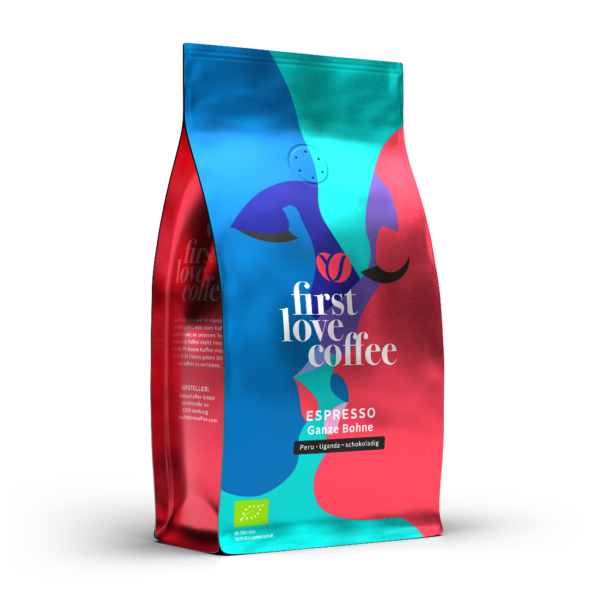 FirstLoveCoffee Espresso Verpackung - schräg vorne - 500g